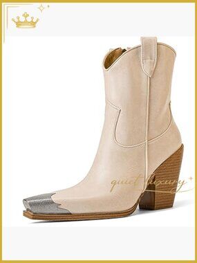 Women's Engraved Steel Toe Cowboy Ankle Boots Stacked Block Heel